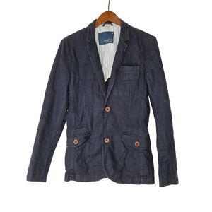 Bershka Mens Dark‎ Wash Denim Blazer Jacket Button Front Pockets